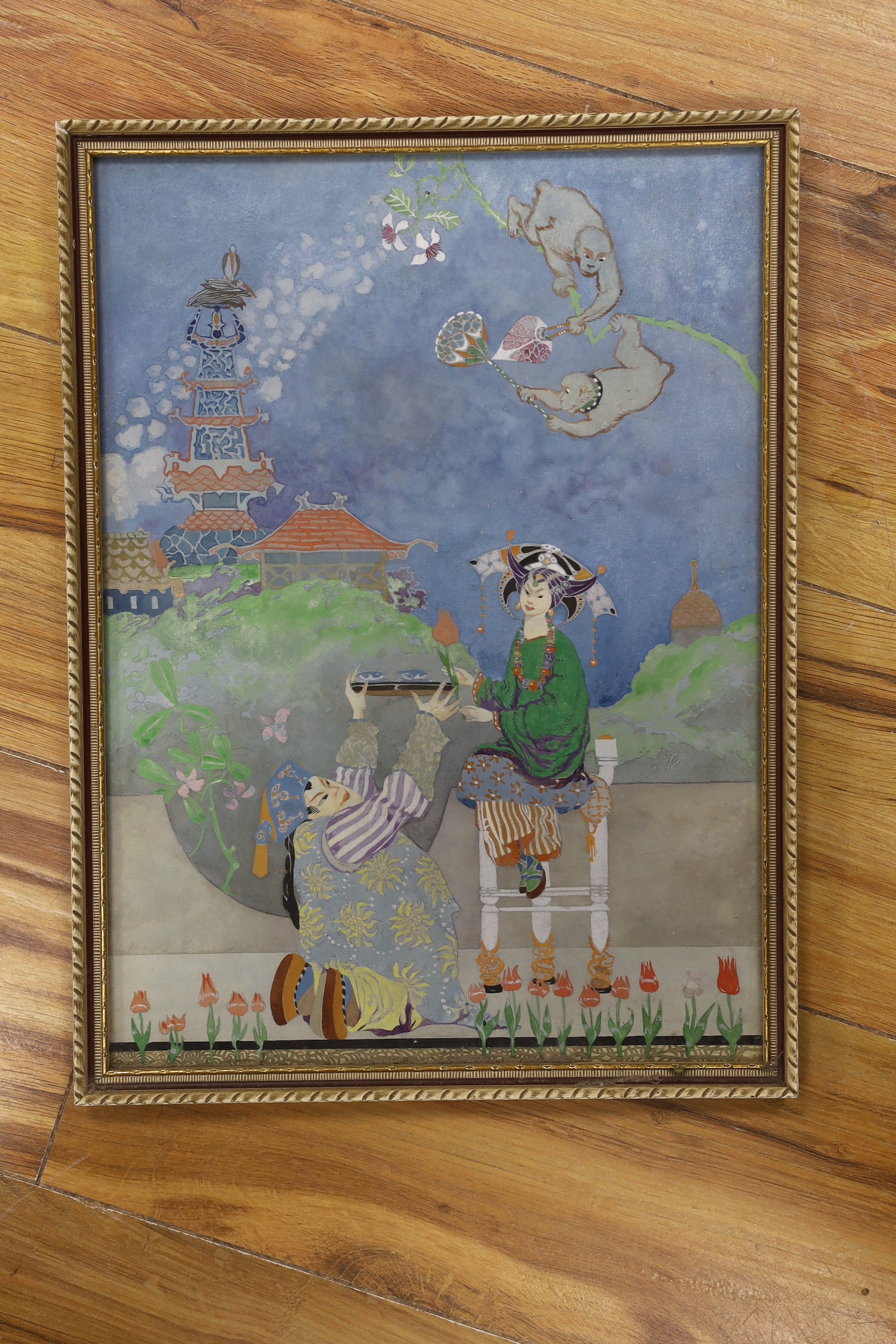 English School c.1910, watercolour and gouache, Chinoiserie figures and pagoda, 35 x 25.5cm